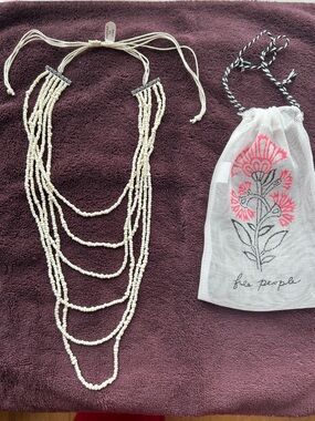 Free People Cream Multi-Layer Beaded Necklace with Drawstring Pouch